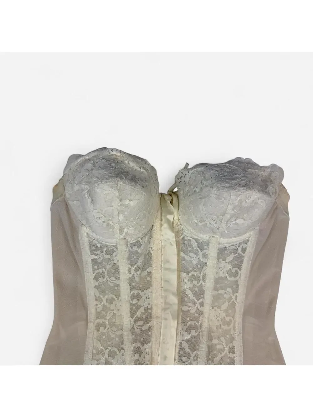 Cream ivory lace panel zip side corset bustier size 36 Cara Mia vtg
